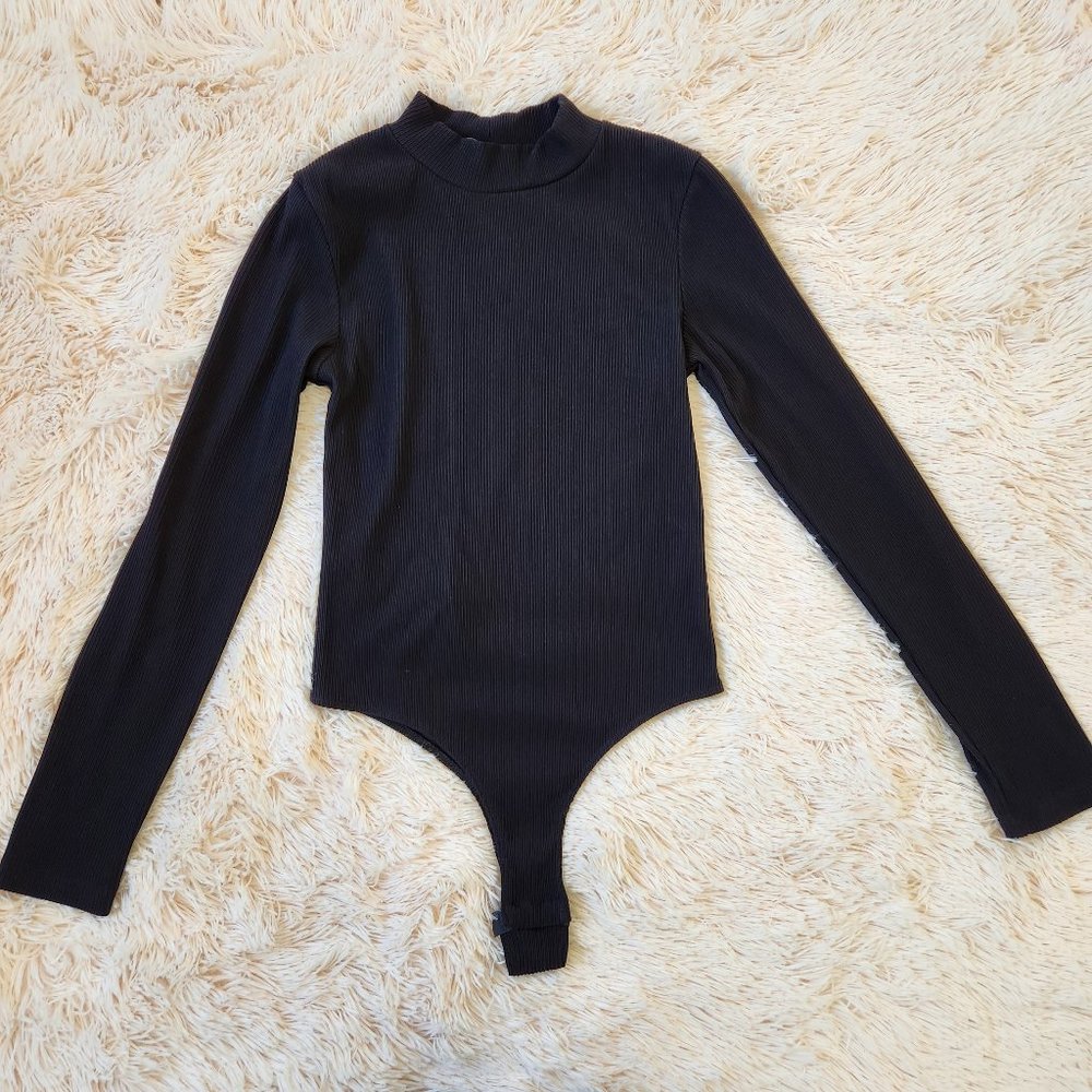 Topshop Black Ribbed Mockneck Bodysuit Onesie - Size S